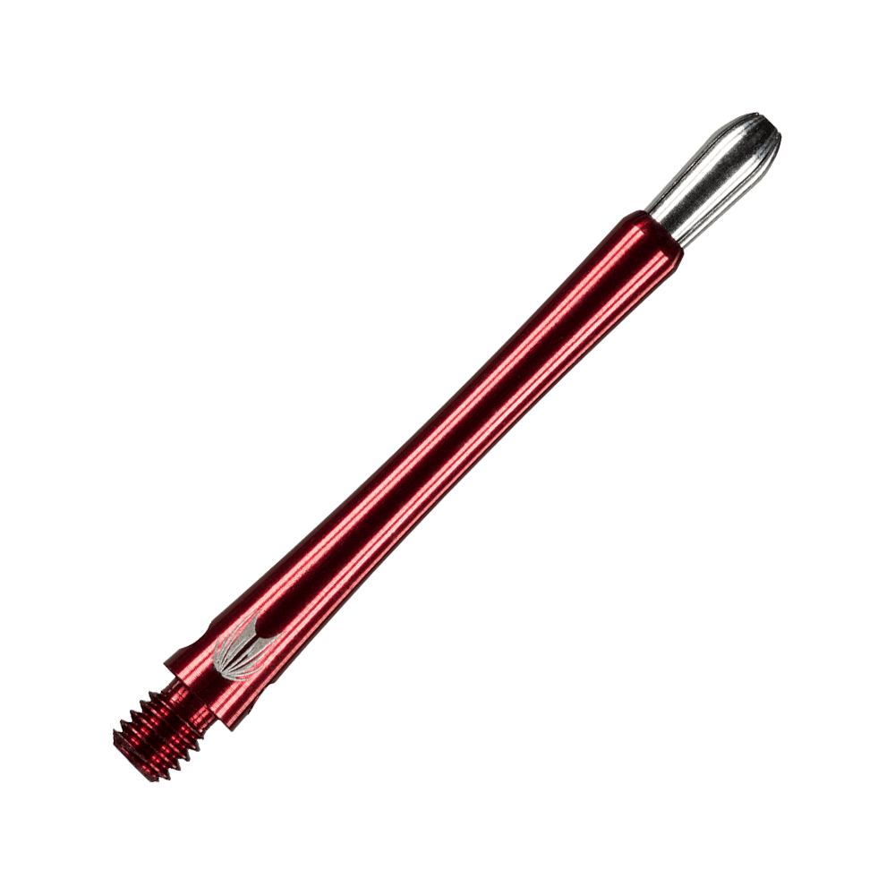 146240_Target_Grip_Style_Aluminium_Shafts_Rot_485mm_2 Das Bild zeigt einen roten Aluminium-Dartshaft im Grip-Stil. Das Produkt hat ein glänzendes Finish und ein silbernes Ende.
