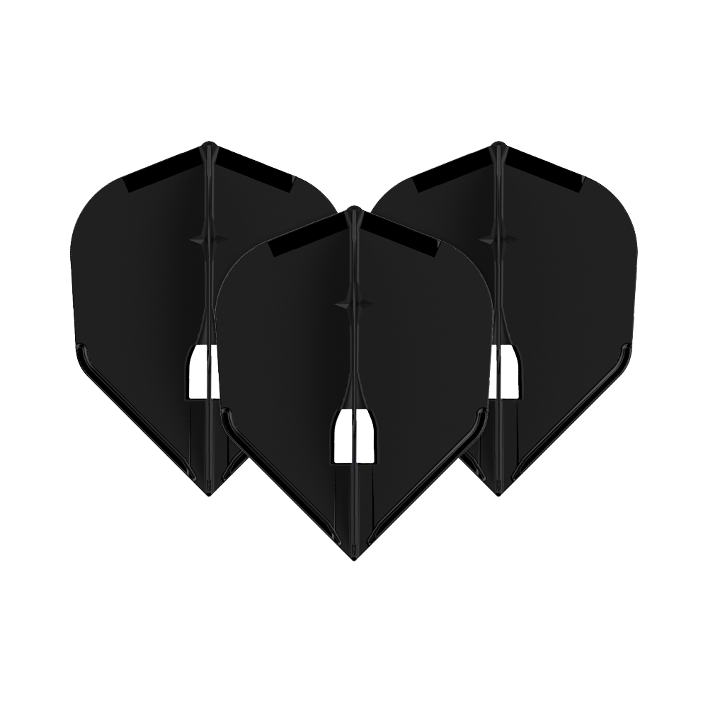 L-Style Champagne L3PRO Shape Flights Auf dem Bild sind drei schwarze Dartflights zu sehen. Sie haben eine klassische, abgeflachte Form und stehen nebeneinander.