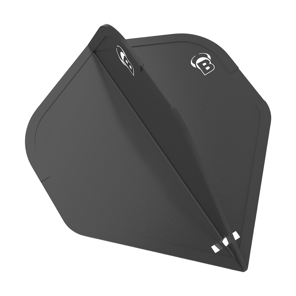 BL50001_Bulls_DragonFlights_Standard_Schwarz_1 Das Bild zeigt das Produkt "Bulls DragonFlights Standard". Es handelt sich um ein schwarzes Dartflight mit dem weißen Bulls-Logo.