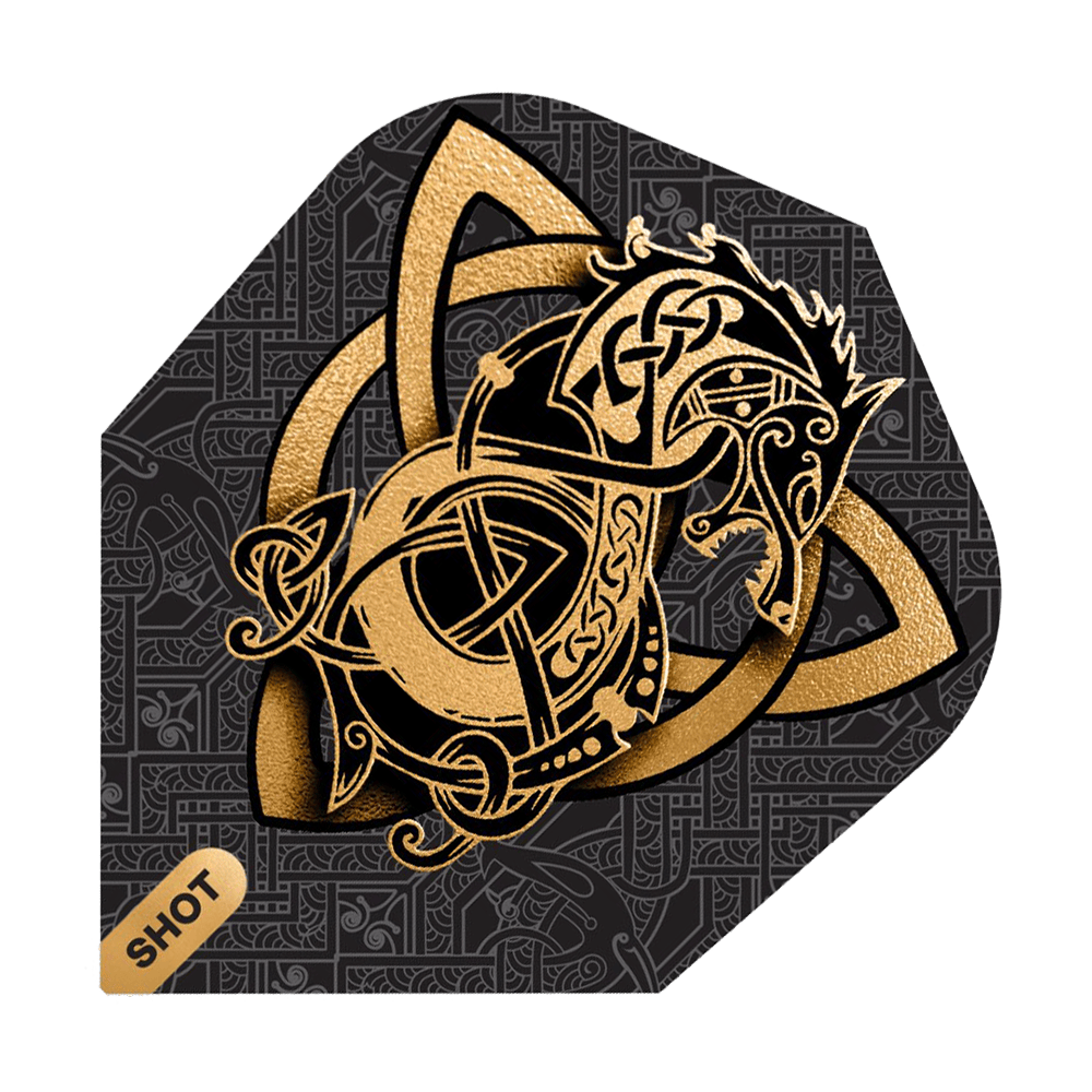 Shot Viking Wolf No6 Flights Das Bild zeigt das Produkt "Shot Viking Wolf No6 Flights" mit einem goldenen Wikinger-Wolf Design auf schwarzem Hintergrund. Im Hintergrund sind feine, keltische Muster zu sehen und unten links steht das Wort "SHOT".