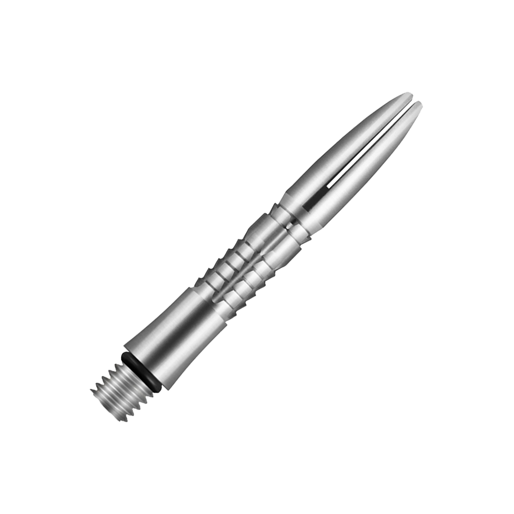 Aste Shot Mako Titanium Das Bild zeigt eine silberne, metallische Dartspitze mit feinen Rillen und glatter Oberfläche. Sie besteht aus Titan und hat ein modernes, schlankes Design.