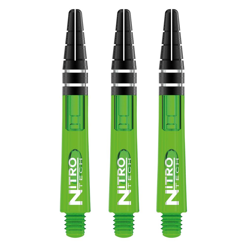 C445_Nitrotech_Short_Green_V RedDragon Nitrotech Shafts Green dargestellt im oberen Bereich. Sie bestehen aus mehreren glatten Segmenten.
