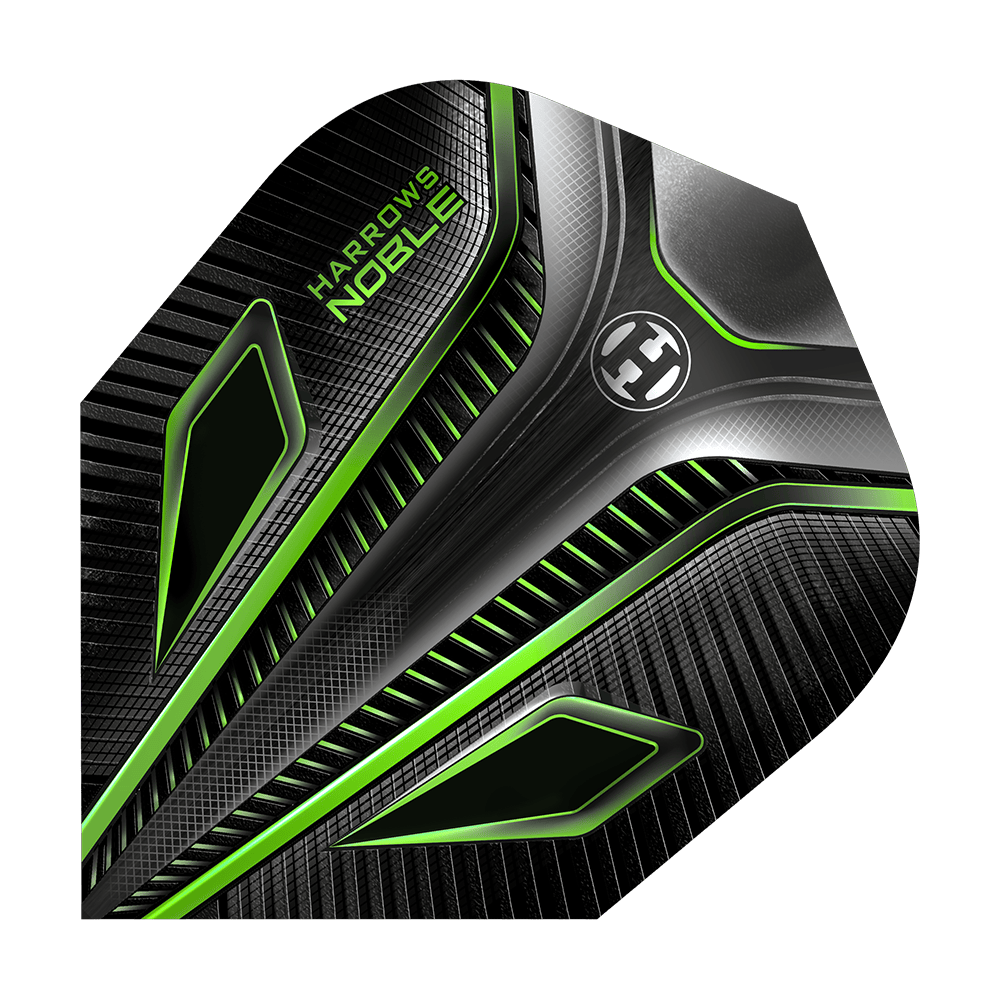 HR8_Harrows_Noble_Green_Standard_Flights_1NHftIOS72ZYpN Dies ist ein Harrows Noble Green Standard Flight für Dartpfeile. Das Design ist schwarz mit auffälligen grünen Akzenten und modernen Mustern.