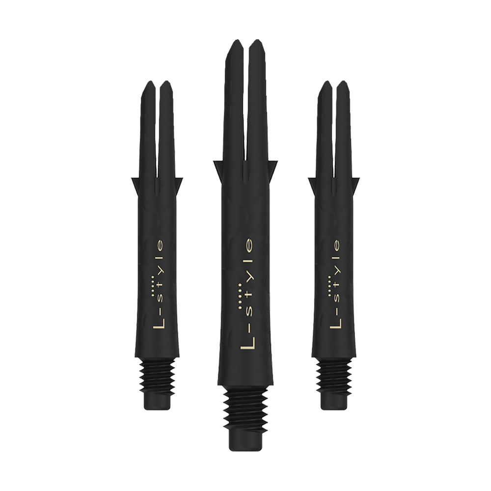 Wałki karbonowe w stylu L Das Bild zeigt drei schwarze L-Style Carbon Shafts für Darts ohne Kappen. Auf den Schäften steht in goldener Schrift das Wort "L-style".