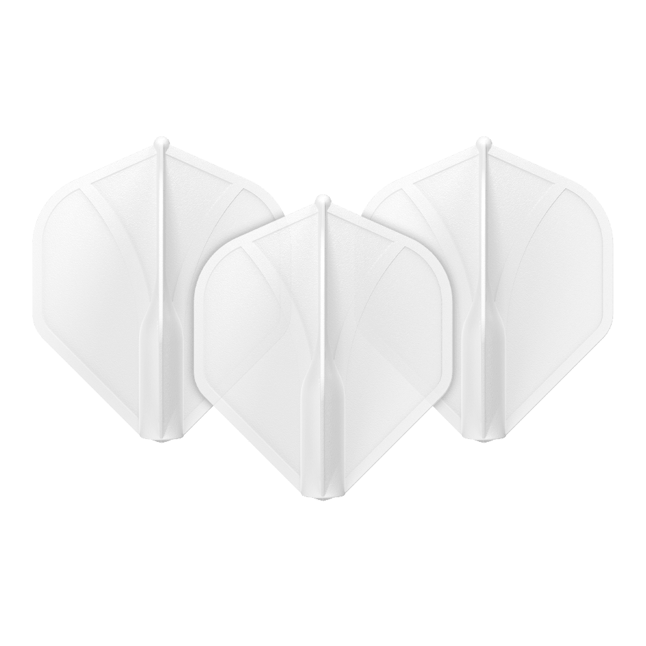 Profil aérodynamique moulé n°2 Vols standard Auf dem Bild sind drei klare, weiße Dart-Flights zu sehen. Sie sind nebeneinander aufgestellt und haben eine klassische, rautenähnliche Form.