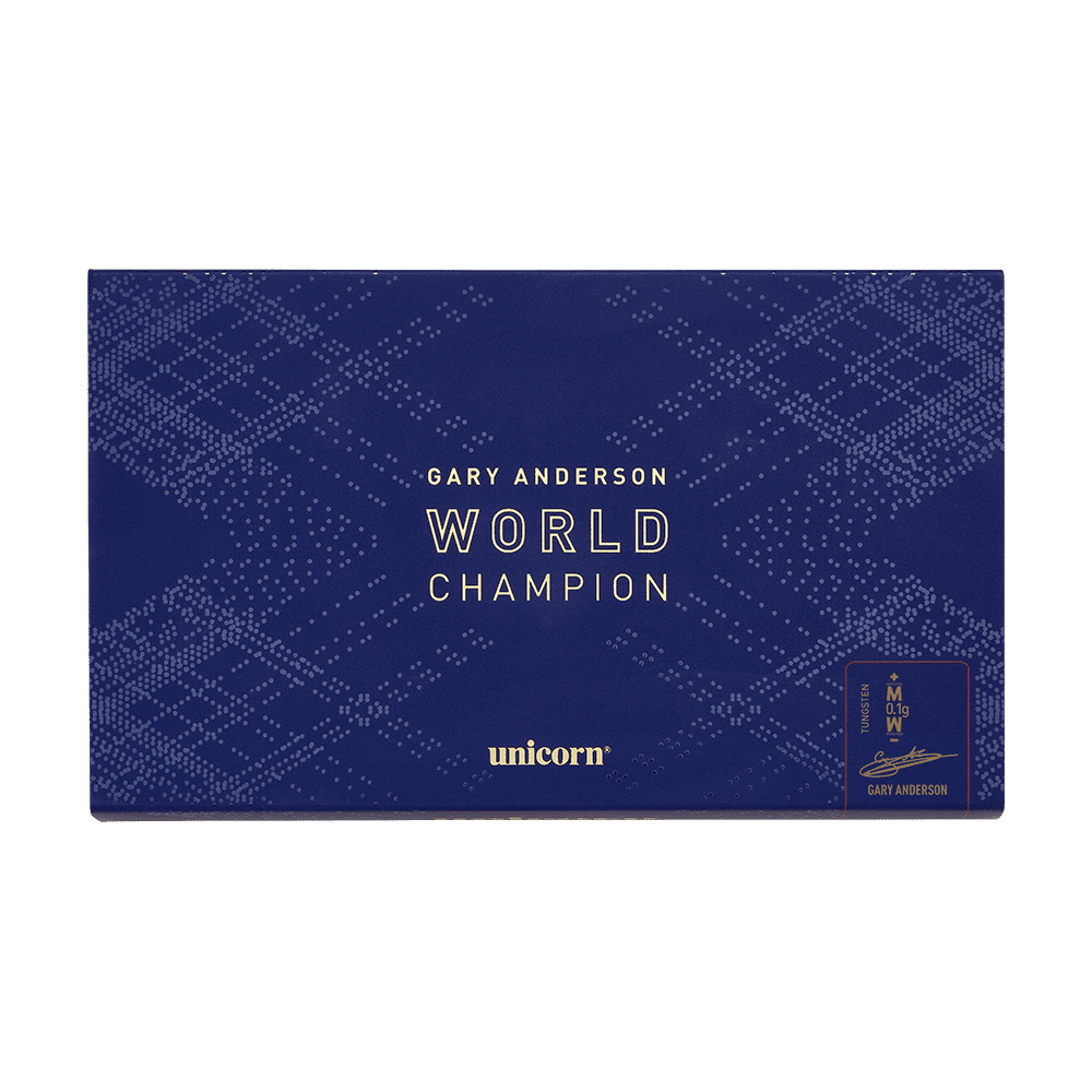 04504_Unicorn_World_Champion_Gary_Anderson_Phase_6_Softdarts_3b Die Verpackung zeigt die "Unicorn Phase 6 World Champion Gary Anderson Softdarts". Das Design ist in Dunkelblau mit weißen Punkten und goldener Schrift gehalten.