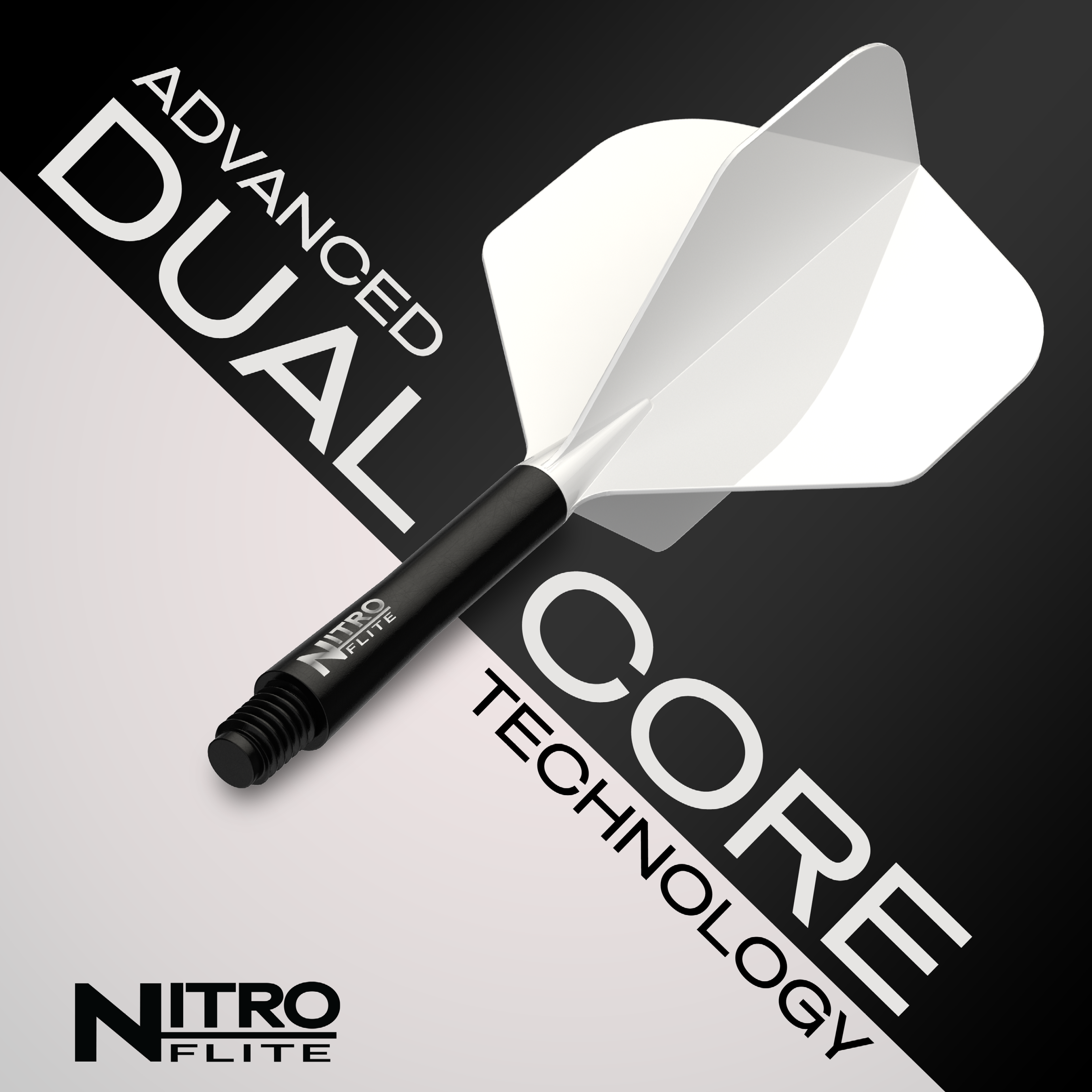 Red Dragon Nitro Flite Solid White and Black Short Das Foto zeigt Red Dragon Nitroflite Black Shaft White Flights No2. Es ist ein Dart-Schaft in Schwarz und weiße Flights abgebildet.