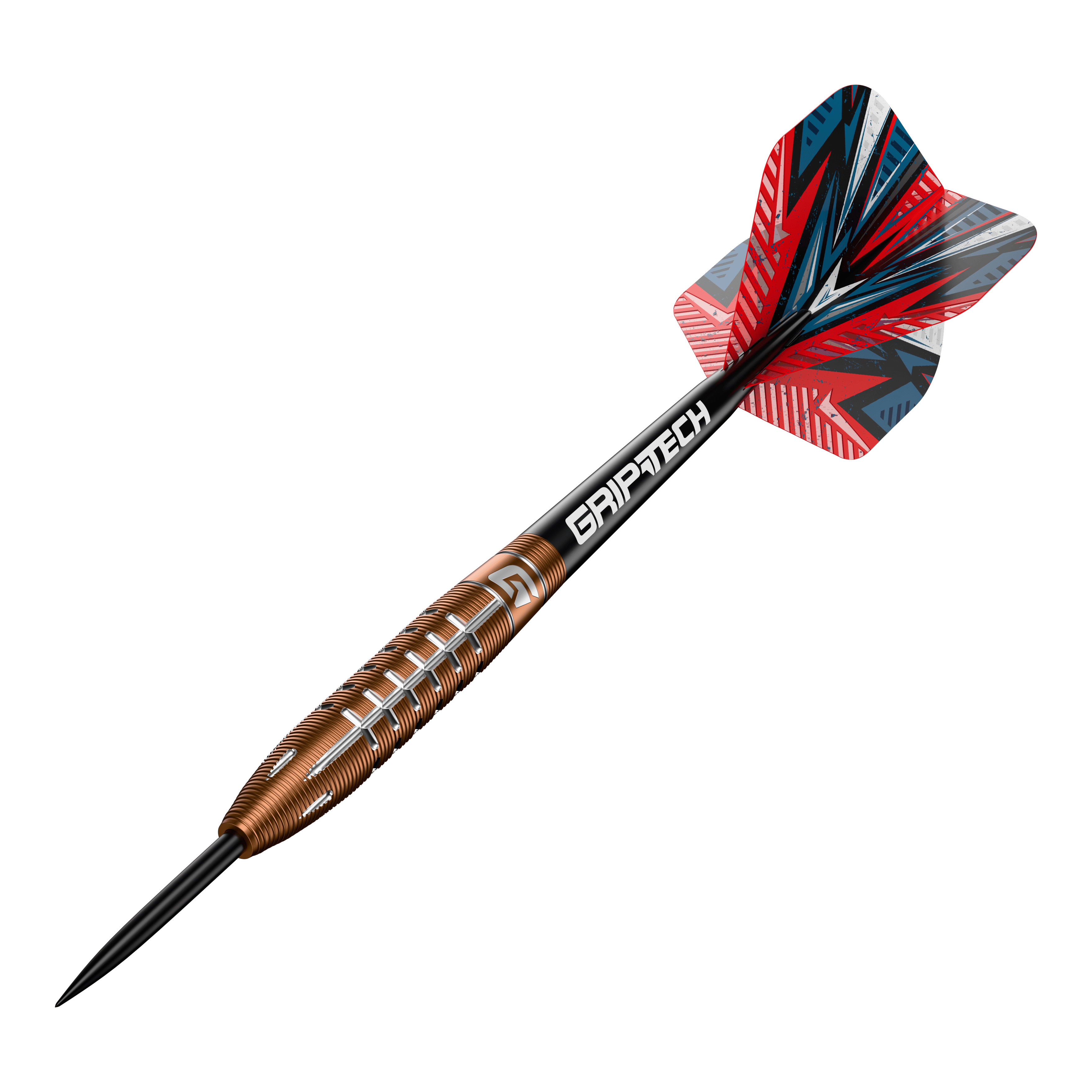 Šipky GOAT Quarterback V2 z wolframové oceli - 24g Das Bild zeigt einen Steeldart namens "GOAT Quarterback V2 Tungsten" mit einem Gewicht von 24 Gramm. Der Dart hat ein auffälliges Design mit roten, schwarzen und silbernen Akzenten sowie dem Schriftzug "GRIPTECH" auf dem Schaft.