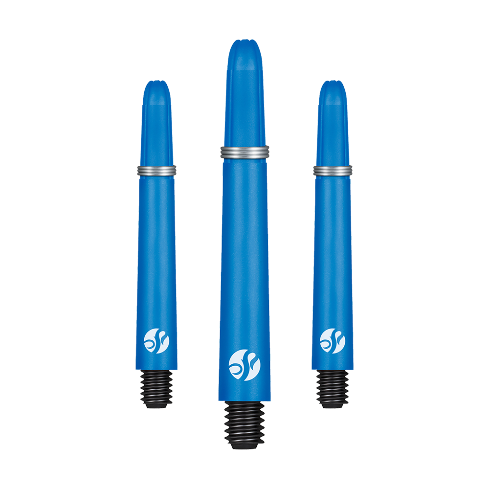 Das Bild zeigt drei blaue Dartschäfte in verschiedenen Längen. Jeder Schaft hat ein schwarzes Gewinde und einen weißen Aufdruck.