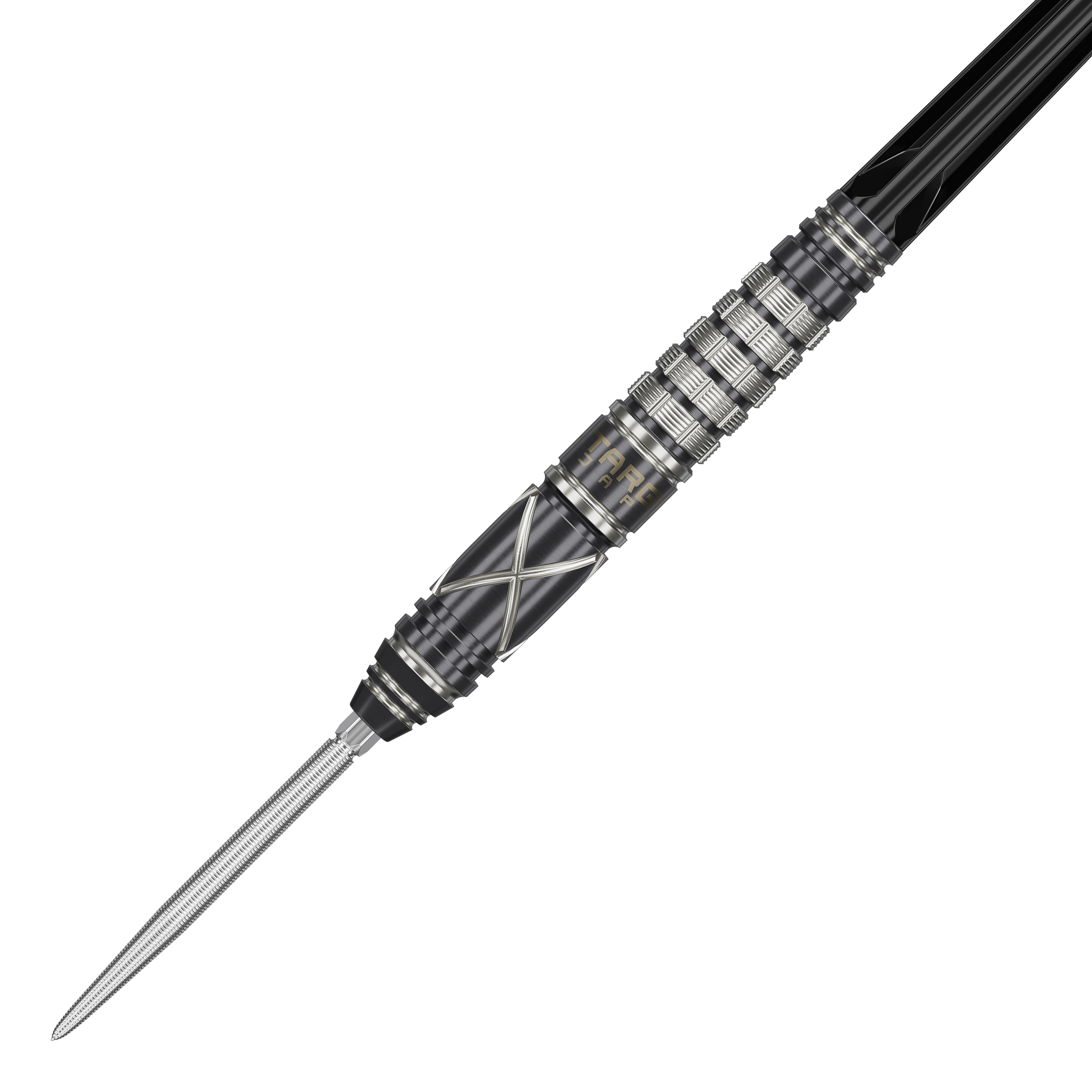 Target Japan Black Marque Chaos 2 SP steel darts Das Bild zeigt den Target Japan Black Marque Chaos 2 SP Steeldart. Der Dart hat ein elegantes, schwarzes Design mit silbernen Akzenten und feinen Rillen für besseren Halt.