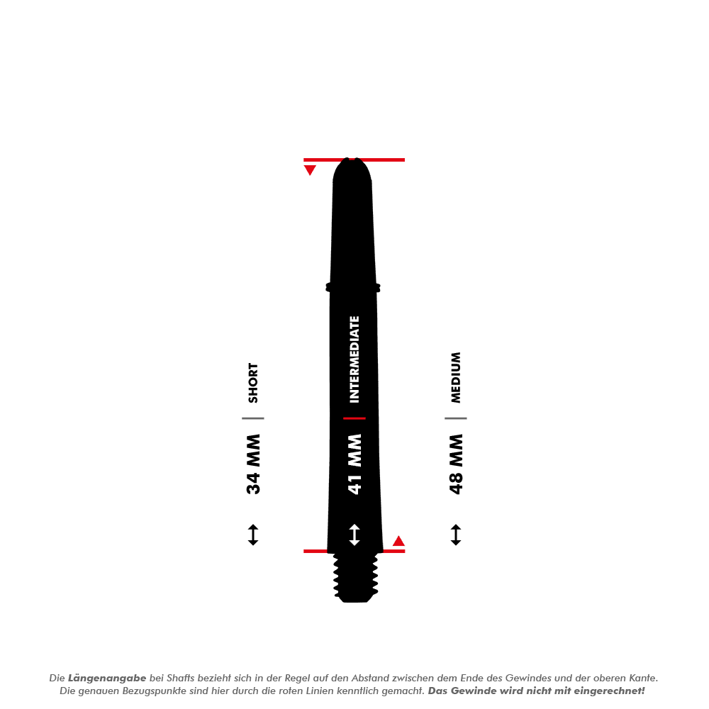 Target Pro Grip TAG Shafts - 3 Sets - Red Das Bild zeigt drei verschiedene Längen von Target Pro Grip Shafts: Short (34 mm), Intermediate (41 mm) und Medium (48 mm). Die roten Linien markieren die Messpunkte der Längenangabe, das Gewinde wird nicht mitgerechnet.