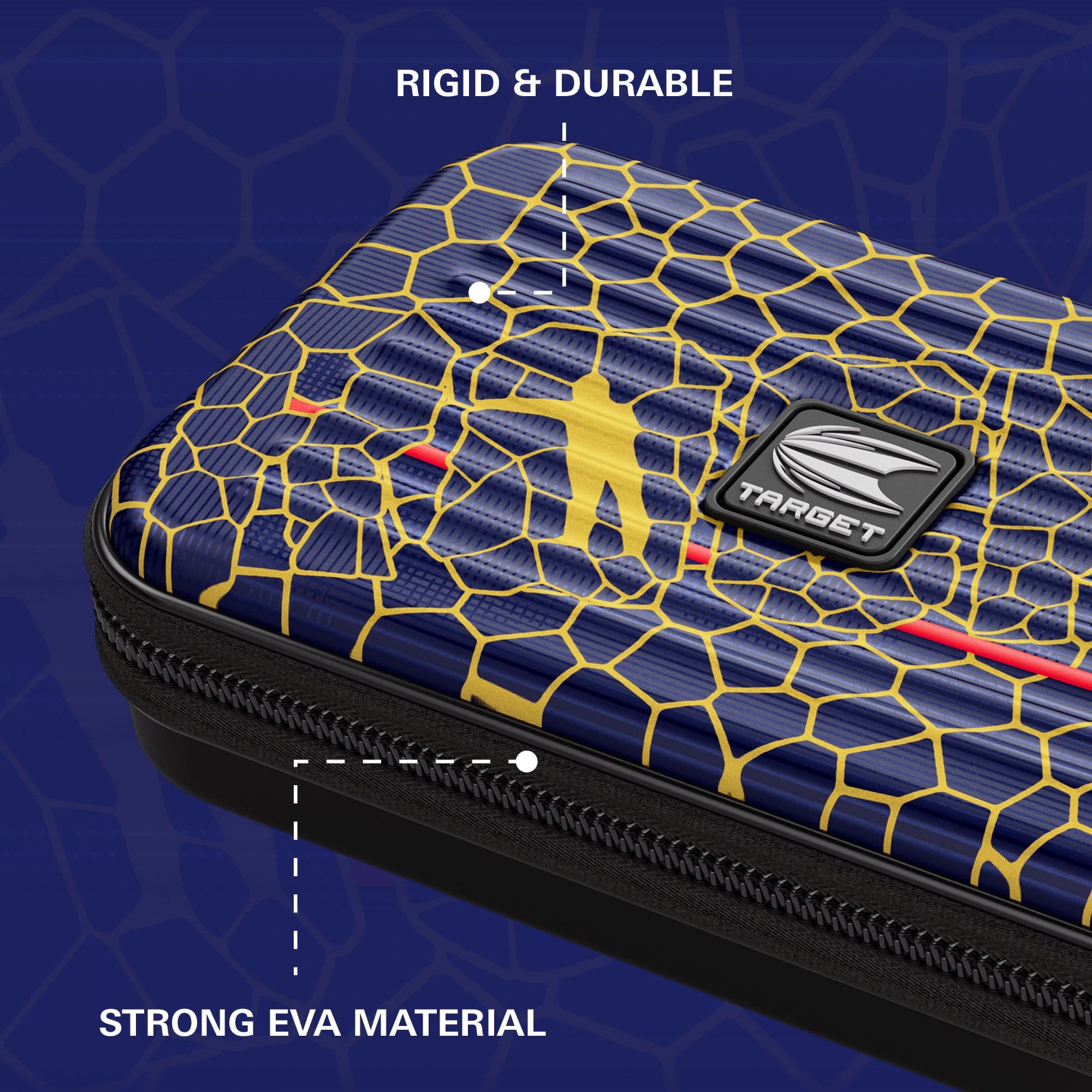 Pouzdro na šipky Target Takoma Josh Rock XL Das Bild zeigt das Target Takoma Josh Rock XL Dartcase mit einem blauen und gelben Wabendesign. Es wird auf die robuste und langlebige Struktur sowie das starke EVA-Material hingewiesen.