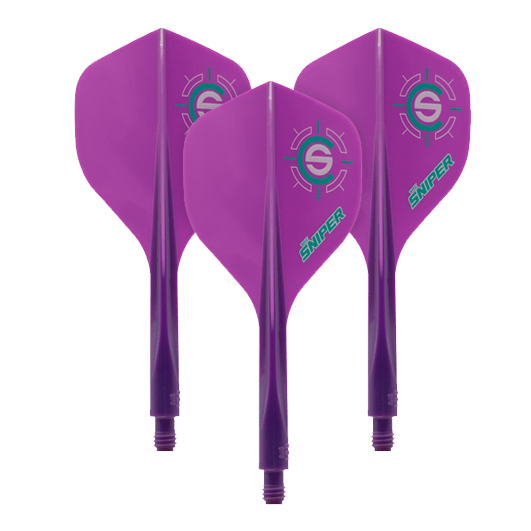 Condor Axe 120 Connor Scutt Sniper Purple Flight-System - Standard Das Bild zeigt drei lila Dartflights mit dem Aufdruck "Sniper" und einem Zielsymbol. Es handelt sich um das Produkt "Condor Axe 120 Connor Scutt Sniper Purple Flight-System - Standard".