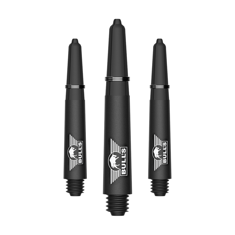 Ein Bild mit dem Dateinamen BU55340_BullsNL_Capo_Carbon_Shafts_Schwarz_Short_34mm_1Set. Es handelt sich vermutlich um ein Set aus kurzen schwarzen Carbon-Shafts für Darts.