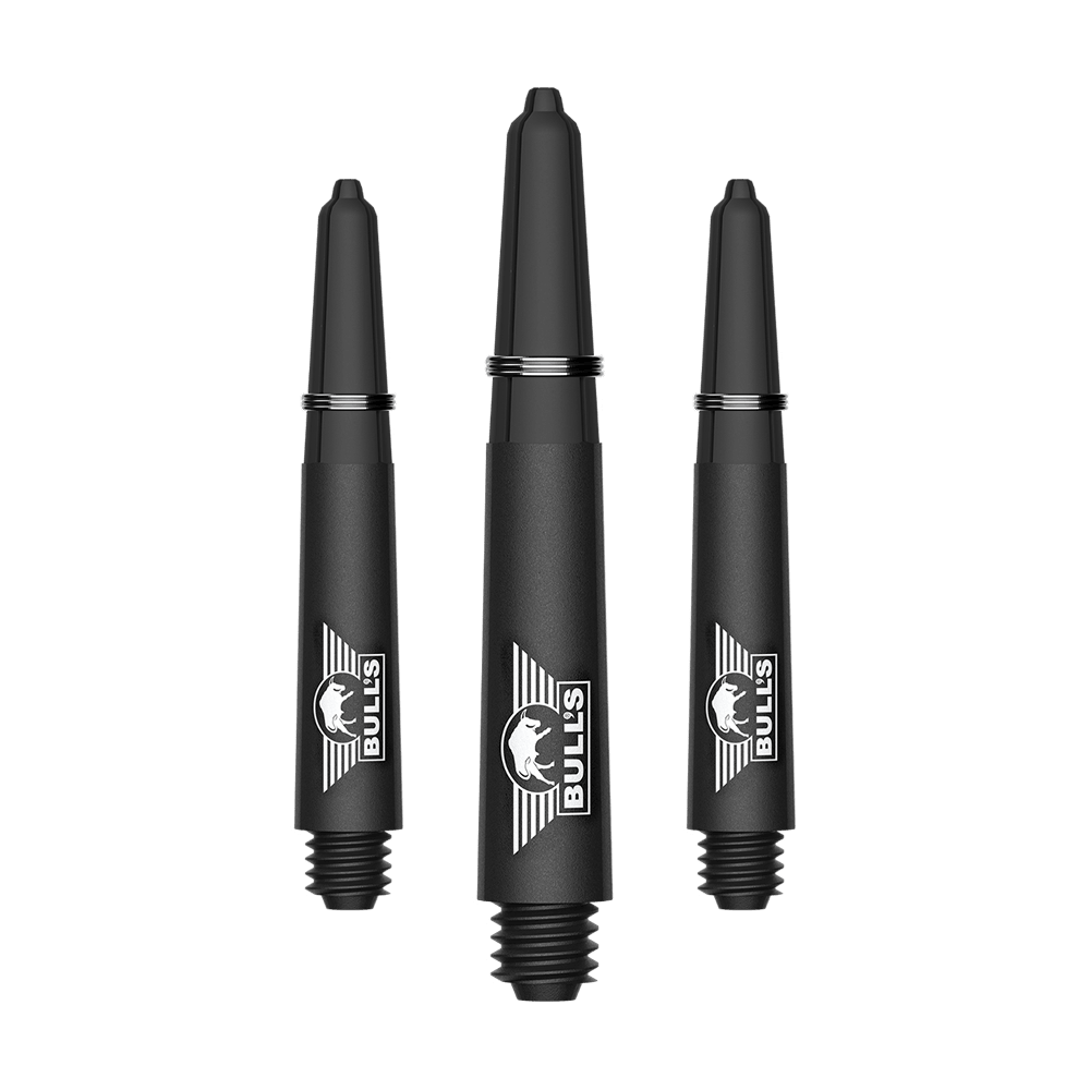 Bulls NL Capo Carbon Shafts - Schwarz Ein Bild mit dem Dateinamen BU55340_BullsNL_Capo_Carbon_Shafts_Schwarz_Short_34mm_1Set. Es handelt sich vermutlich um ein Set aus kurzen schwarzen Carbon-Shafts für Darts.