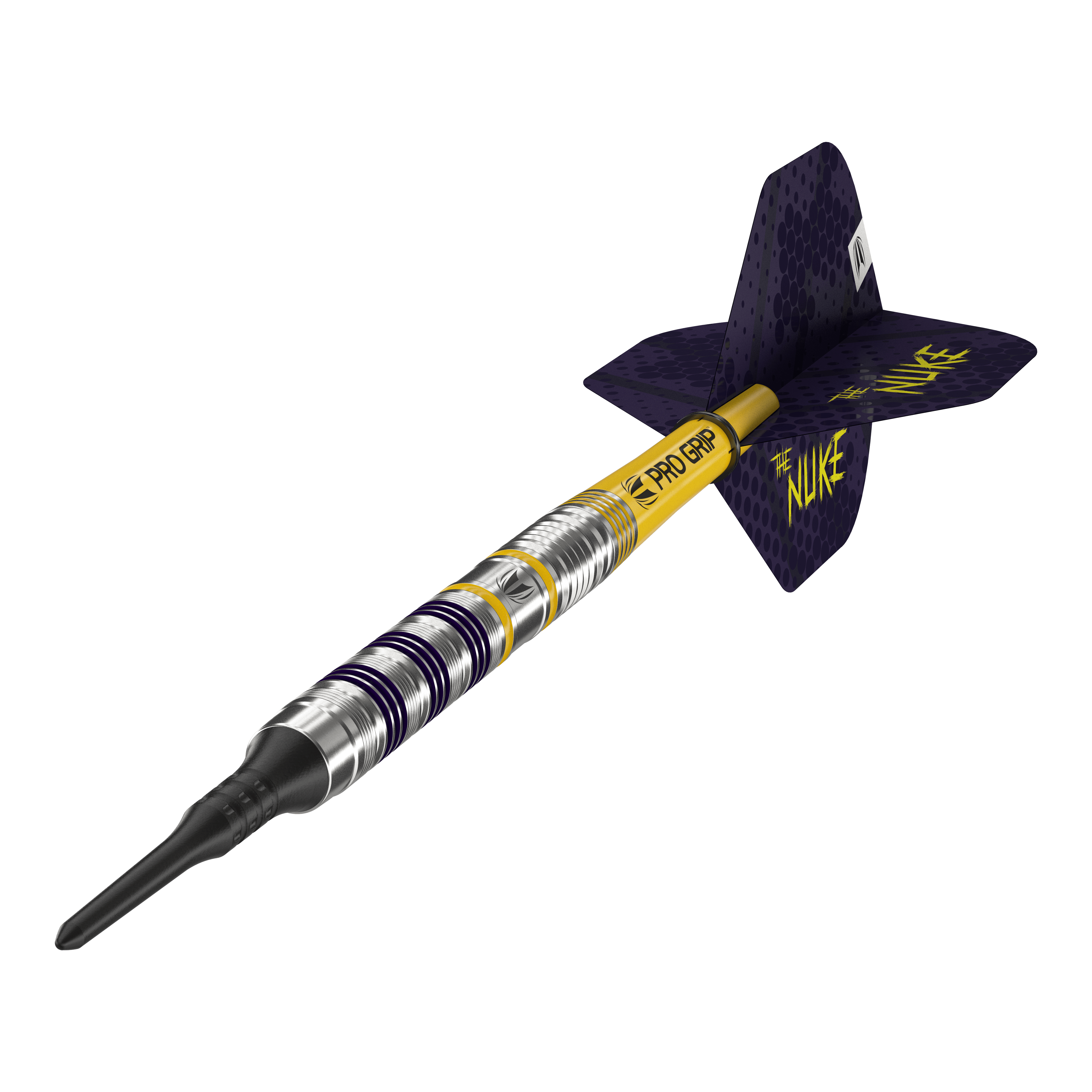 Target Luke Littler Loadout Softdarts - 19g Das Bild zeigt einen Softdart aus der Produktreihe „Target Luke Littler Loadout“ mit 19 Gramm Gewicht. Der Dartpfeil hat einen silbernen Schaft mit schwarzen und gelben Akzenten sowie einen schwarz-gelben Flight mit der Aufschrift „THE NUKE“.