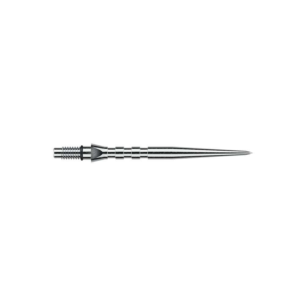 Winmau Switch Point Groove steel dart tips - Silver Effect Das Bild zeigt eine silberne Winmau Switch Point Groove Steeldartspitze mit einer Länge von 30mm. Die Dartspitze hat eine strukturierte Oberfläche und ist aus Metall gefertigt.