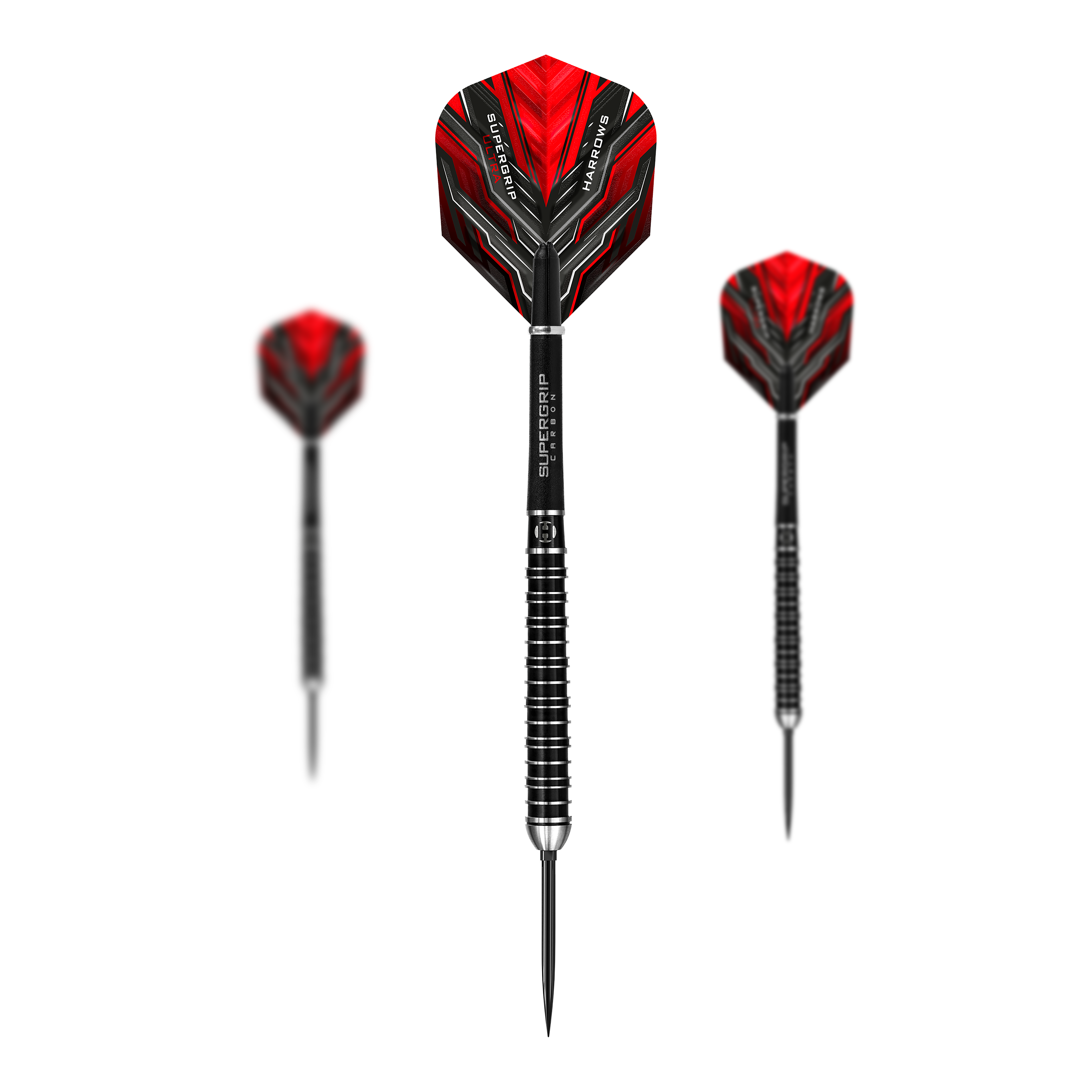 Šipky Harrows Supergrip Ultra Quick Point ocelové Das Bild zeigt das Harrows Supergrip Ultra Quick Point Steeldarts Set. Die einzelnen Darts werden nebeneinander angezeigt.
