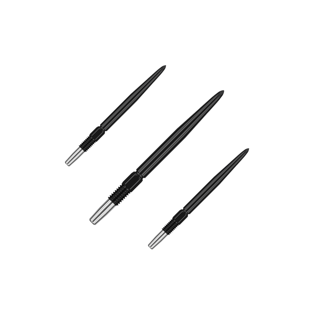 Target Swiss Point Black dart tips Das Bild zeigt drei schwarze Dartspitzen mit silbernem Gewinde. Sie sind in unterschiedlicher Ausrichtung auf einem einfarbigen Hintergrund angeordnet.