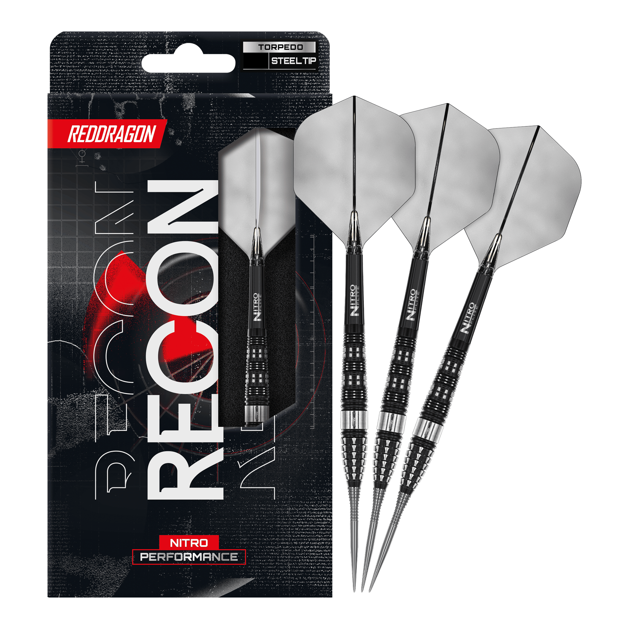 Auf dem Bild ist ein vollständiger Satz Red Dragon Recon Torpedo Steeldarts dargestellt. Diese Steeldarts sind speziell für präzises Spielen entwickelt.