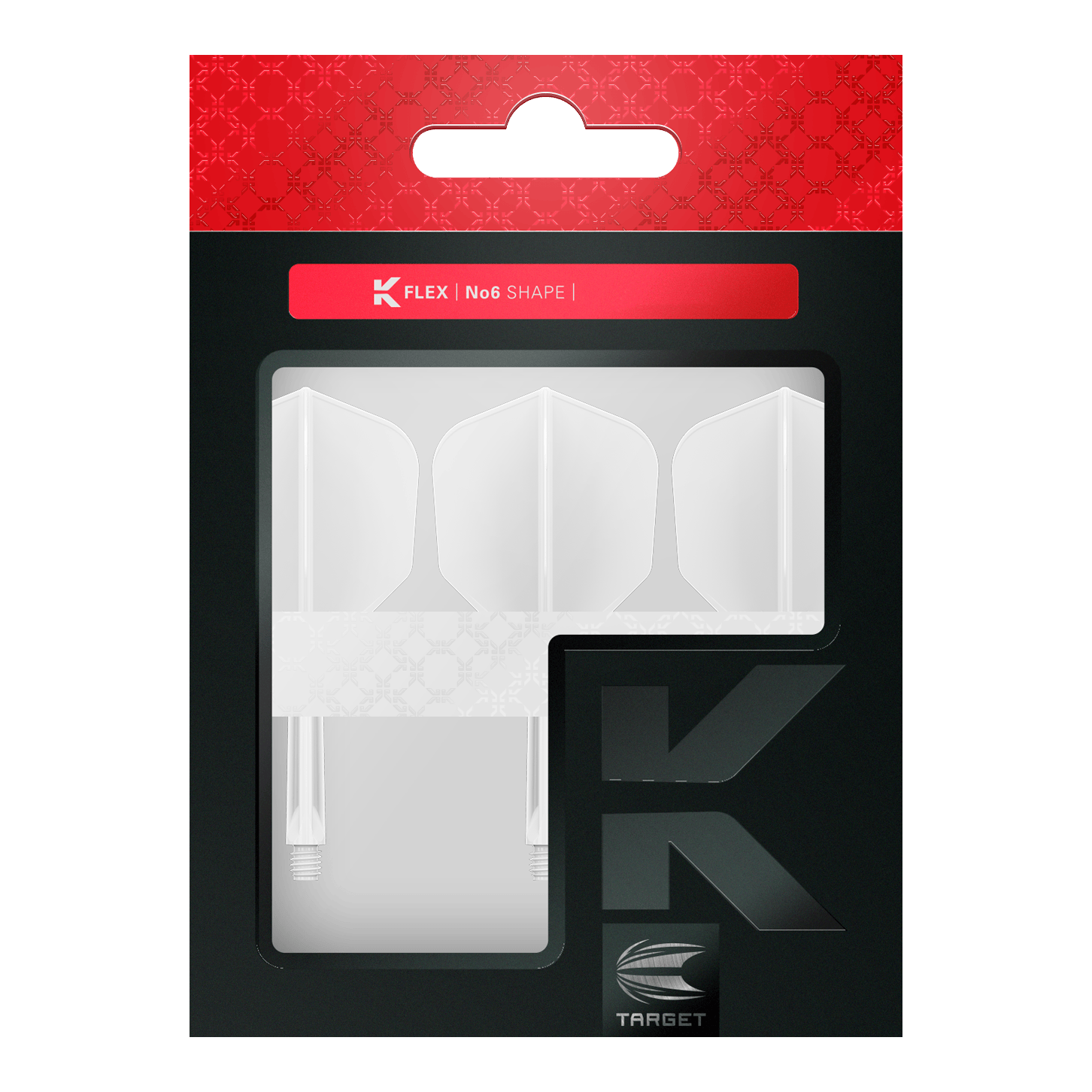 Target K-Flex No6 Flight-System - Weiß Die Abbildung zeigt eine Packung mit weißen Dartflights und -shafts der Marke Target. Die Verpackung ist in Schwarz und Rot gehalten und trägt die Aufschrift "K FLEX | No6 SHAPE".