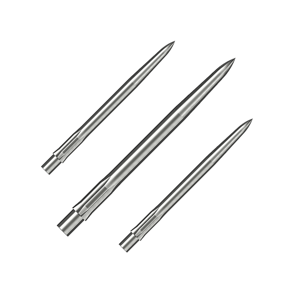 Pointes de fléchettes en acier Caliburn System - Lisses - Argent Auf dem Bild sind drei silberne, glatte Stahlspitzen für Dartpfeile zu sehen. Sie sind ordentlich nebeneinander angeordnet und haben eine Länge von 32 mm.