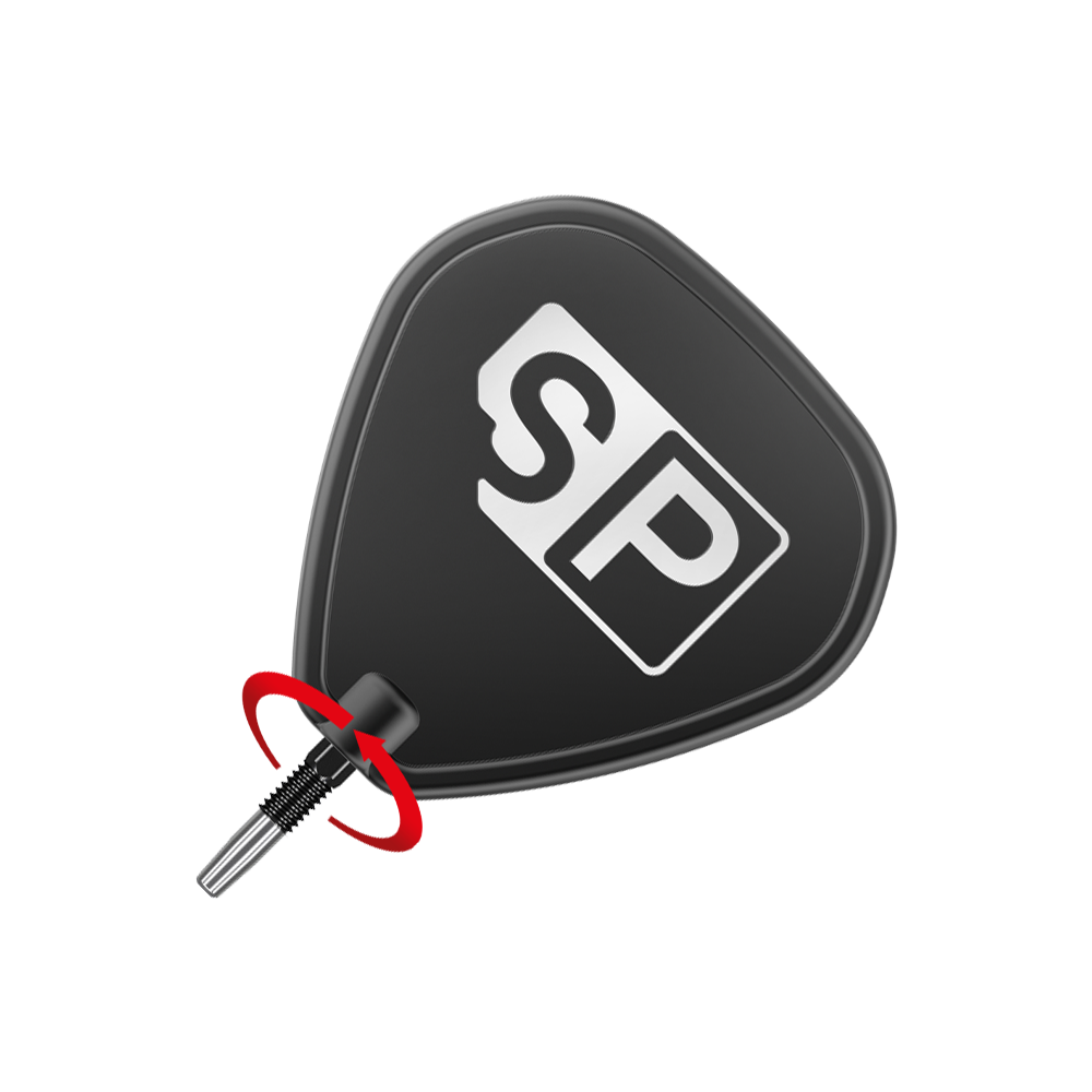 Puntas de dardos Target Swiss Firepoint Black Das Bild zeigt eine schwarze Dartspitze mit den weißen Buchstaben "SP" darauf. Ein roter Pfeil deutet auf eine Drehbewegung an der Verbindung der Spitze hin.