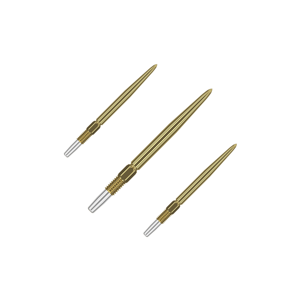 Target Swiss Point Gold Dartspitzen Eine Packung kurze Dartspitzen mit goldener Oberfläche liegt offen da. Die Spitzen sind gleichmäßig angeordnet.