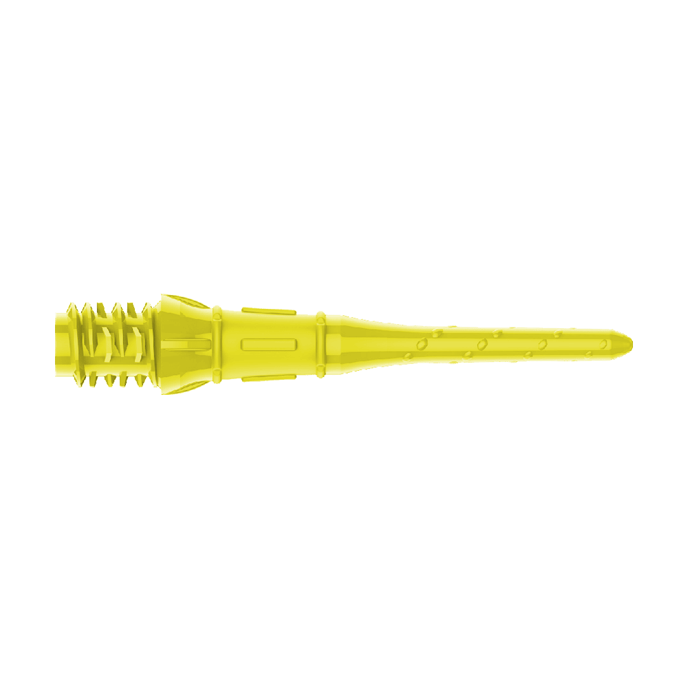 Premium Lippoints (30er Pack) - Spitzen Das Bild zeigt eine gelbe Dartspitze aus Kunststoff. Sie ist lang und hat eine strukturierte Oberfläche mit kleinen Noppen.