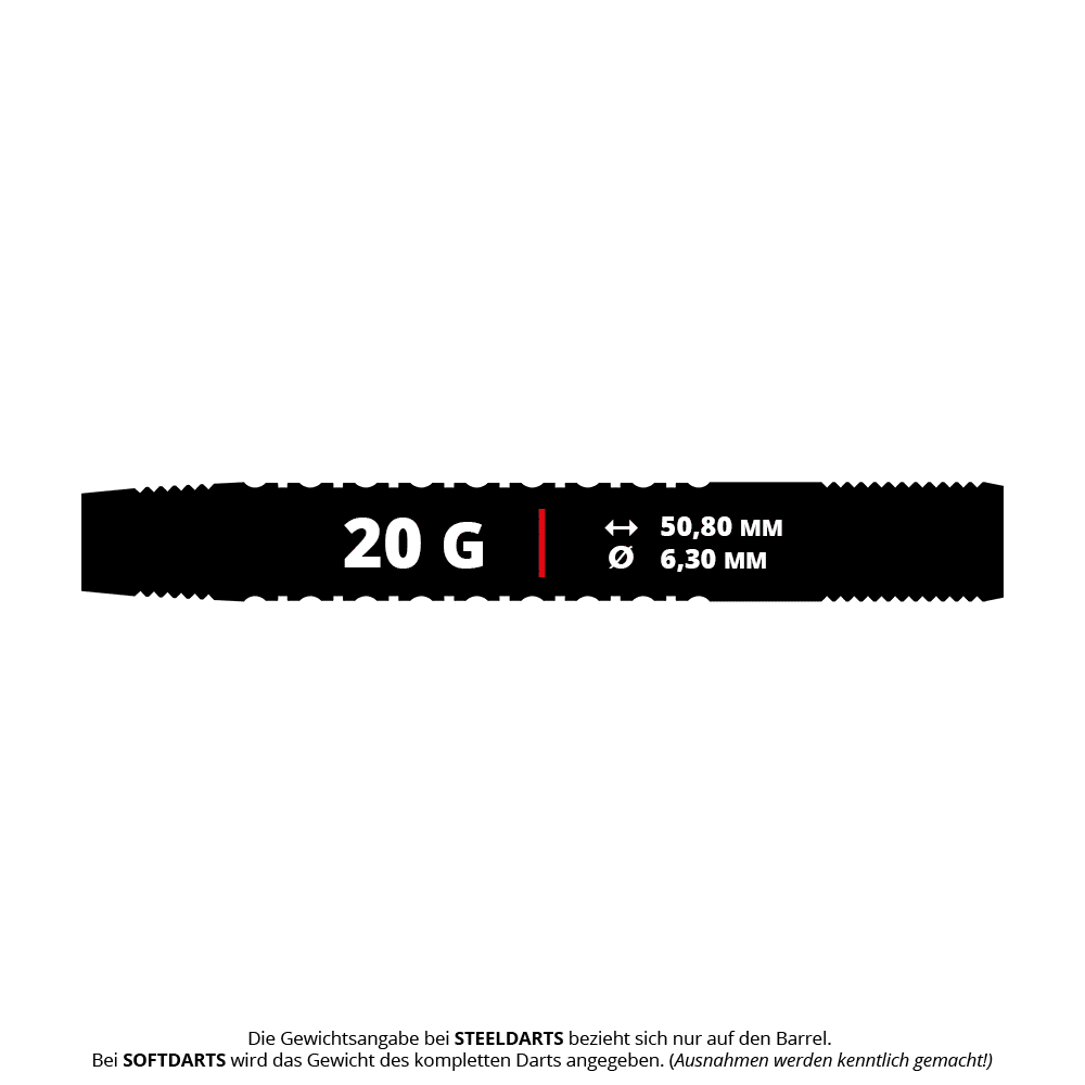 Dardos blandos Red Dragon T-800 - 20 g Das Bild zeigt die Produktbeschreibung der Red Dragon T-800 Softdarts mit einem Gewicht von 20 Gramm. Die Länge beträgt 50,80 mm und der Durchmesser 6,30 mm.