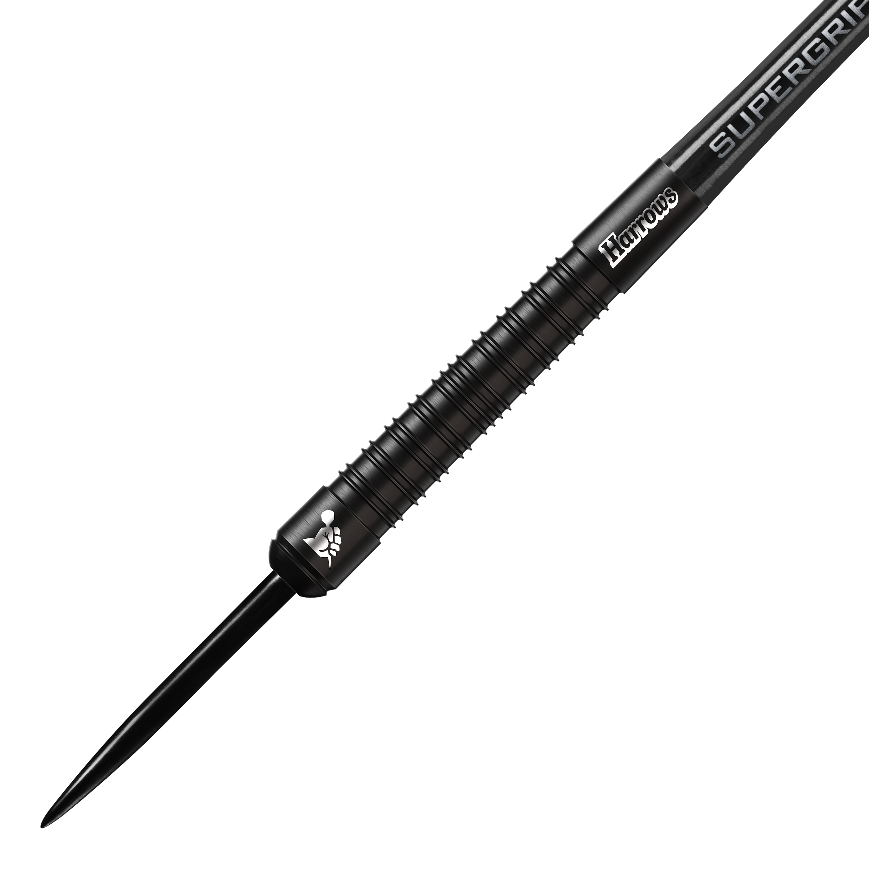Harrows Supergrip Black-Edition Steeldarts Das Bild zeigt einen schwarzen Steeldart der Marke Harrows aus der Supergrip Black-Edition. Der Dart hat ein geriffeltes Griffstück und ein elegantes, komplett schwarzes Design.