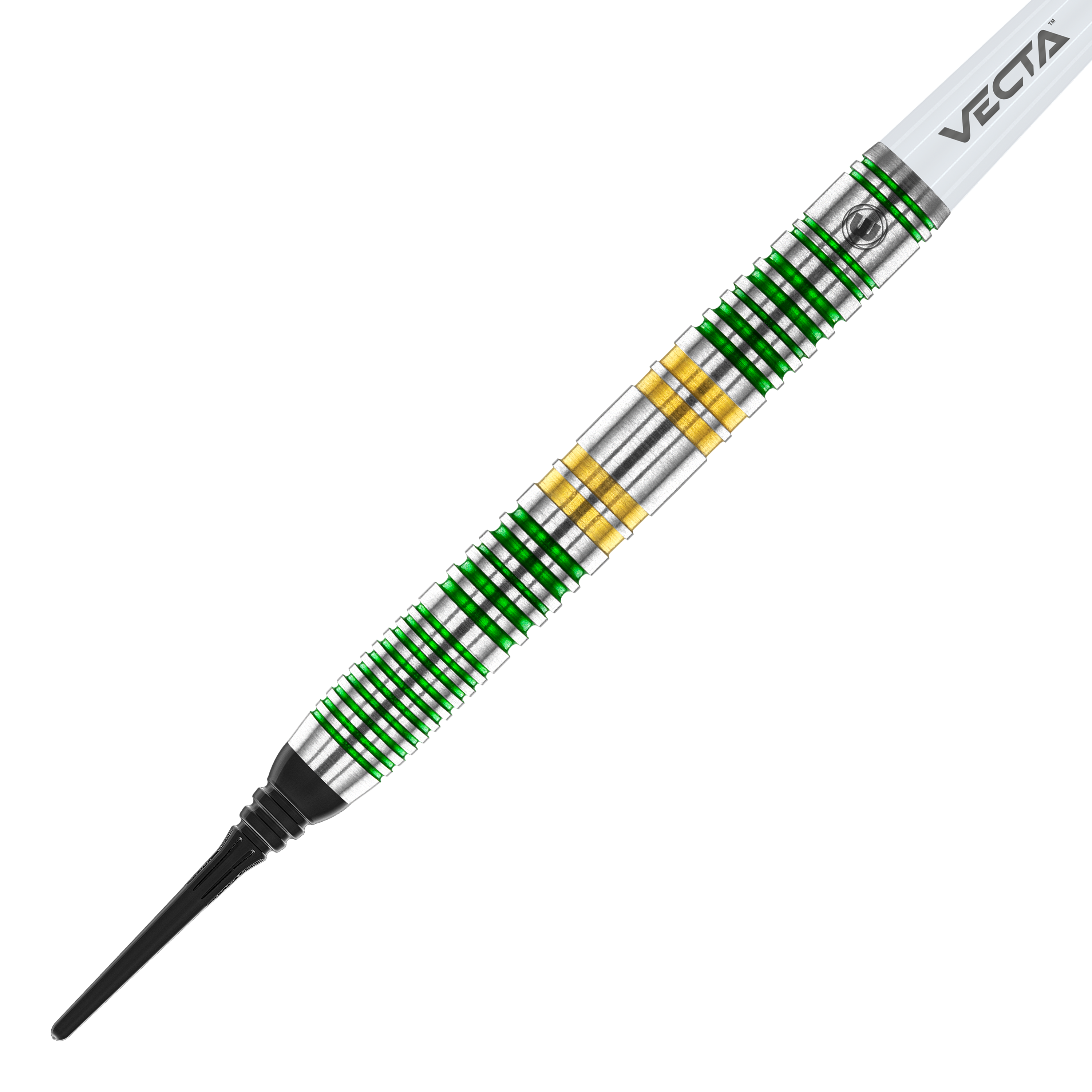 Dardos blandos Winmau Xenon - 20 g Das Bild zeigt einen Winmau Xenon Softdart mit einem Gewicht von 20 Gramm. Der Dartpfeil hat silberne, grüne und goldene Ringe und eine schwarze Spitze.