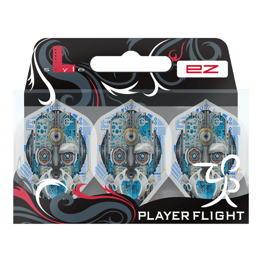 Letenky Berry Van Peer V3 Clear White L1EZ ve stylu L Das Bild zeigt eine Verpackung mit drei weißen Dart-Flights namens "L-Style Berry Van Peer V3 Clear White L1EZ". Die Flights haben ein futuristisches Design mit einem Roboter-Gesicht auf jedem Flight.