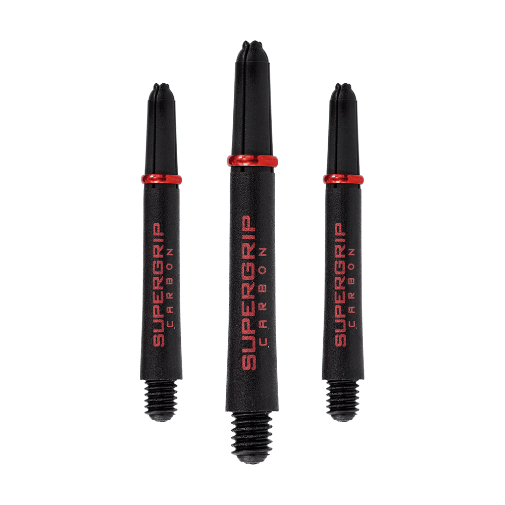 HR358_Harrows_Supergrip_Carbon_Shafts_Rot_40mm_1qQF1v5p2A5XWj Das Bild zeigt drei schwarze Harrows Supergrip Carbon Shafts mit roten Akzenten. Die Shafts sind in unterschiedlichen Längen angeordnet und haben den Aufdruck "SUPERGRIP CARBON" in Rot.