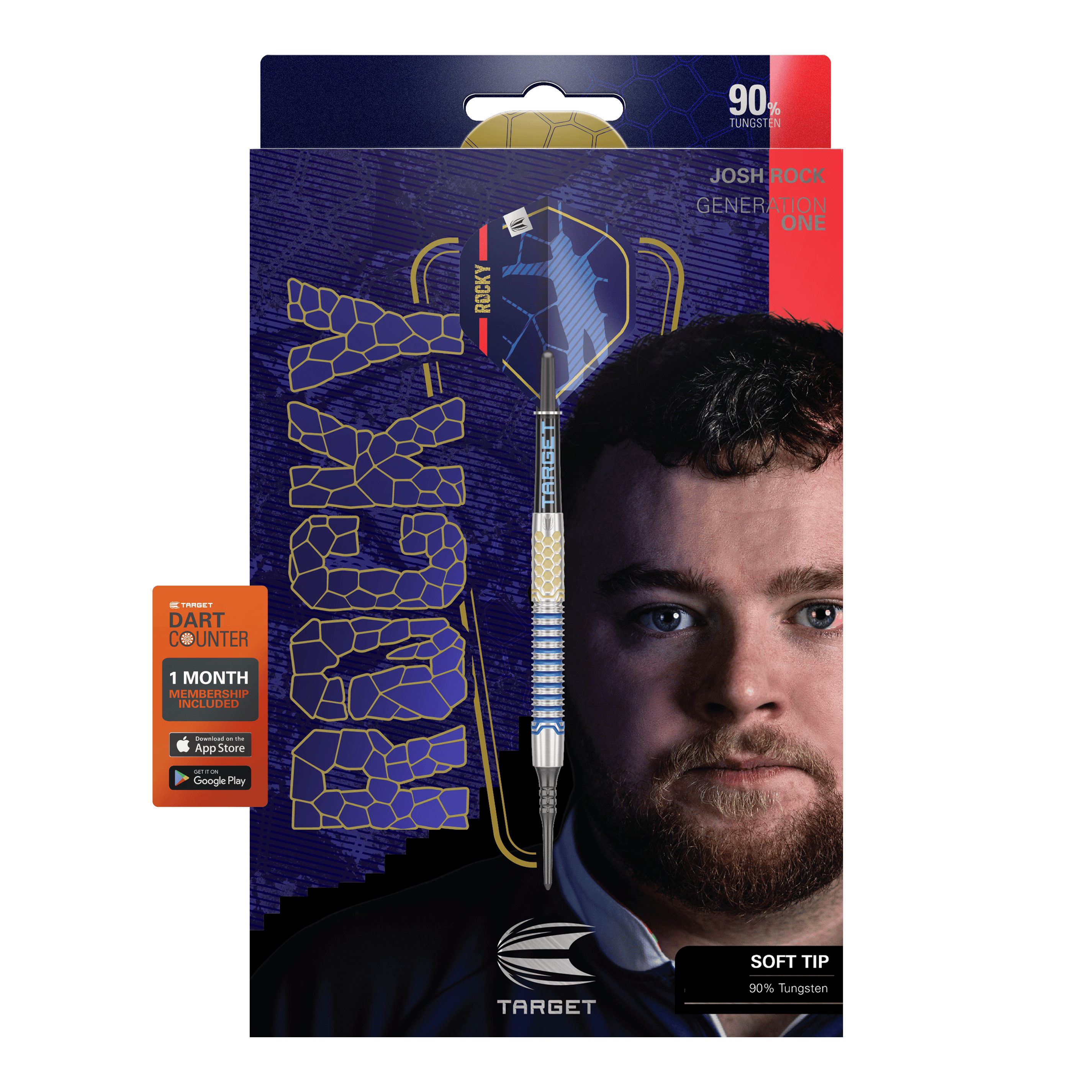 Měkké šipky Target Josh Rock GEN1 - 20g Die Abbildung zeigt die Softdarts "Target Josh Rock GEN1" mit einem Gewicht von 20g. Auf der Verpackung ist ein Porträt eines Mannes sowie die Angabe "90% Tungsten" und "SOFT TIP" zu sehen.