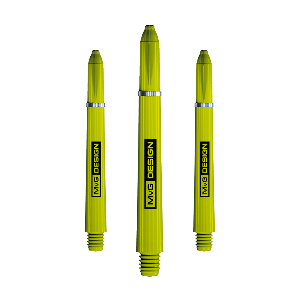 7100_Winmau_Nylon_Ring_Grip_MvG_Design_Shafts_46mm_1 Das Bild zeigt drei gelbe Winmau Nylon Ring Grip MvG Design Shafts. Auf jedem Schaft steht der Schriftzug "MvG DESIGN" vertikal.