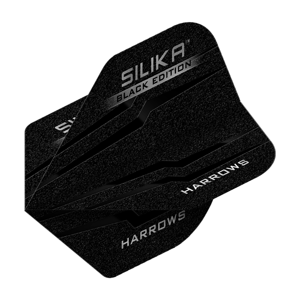 Voli standard Harrows Silika Black Edition No2 Das Bild zeigt die Harrows Silika Black-Edition No2 Standard Flights. Die Flights sind schwarz mit silbernen Akzenten und dem Aufdruck "Harrows" sowie "Silika Black Edition".