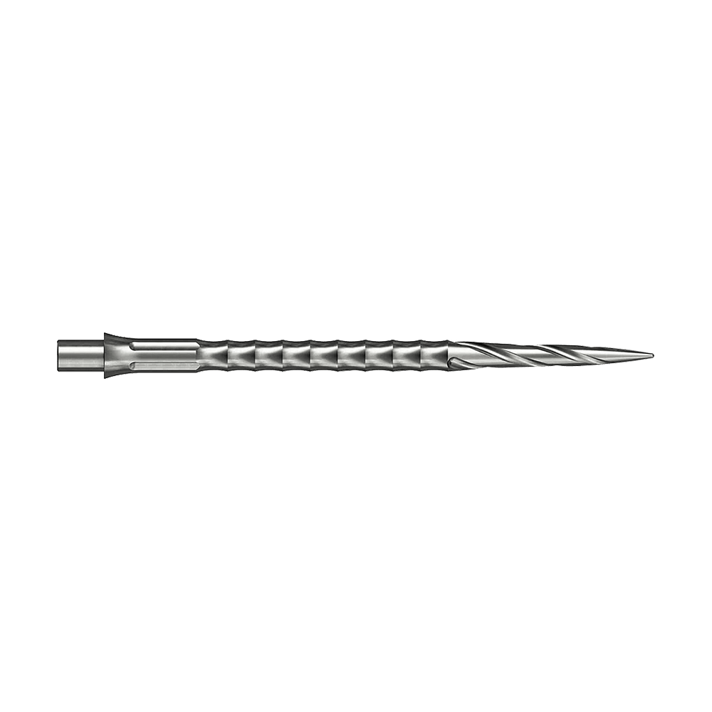 Caliburn System Steeldartspitzen - Spiro - NoLip - Silber Die Abbildung zeigt ein silbernes Steeldartspitze aus dem Caliburn Evo System. Die Spitze hat ein Spiro NoLip Design und eine Länge von 40 mm.