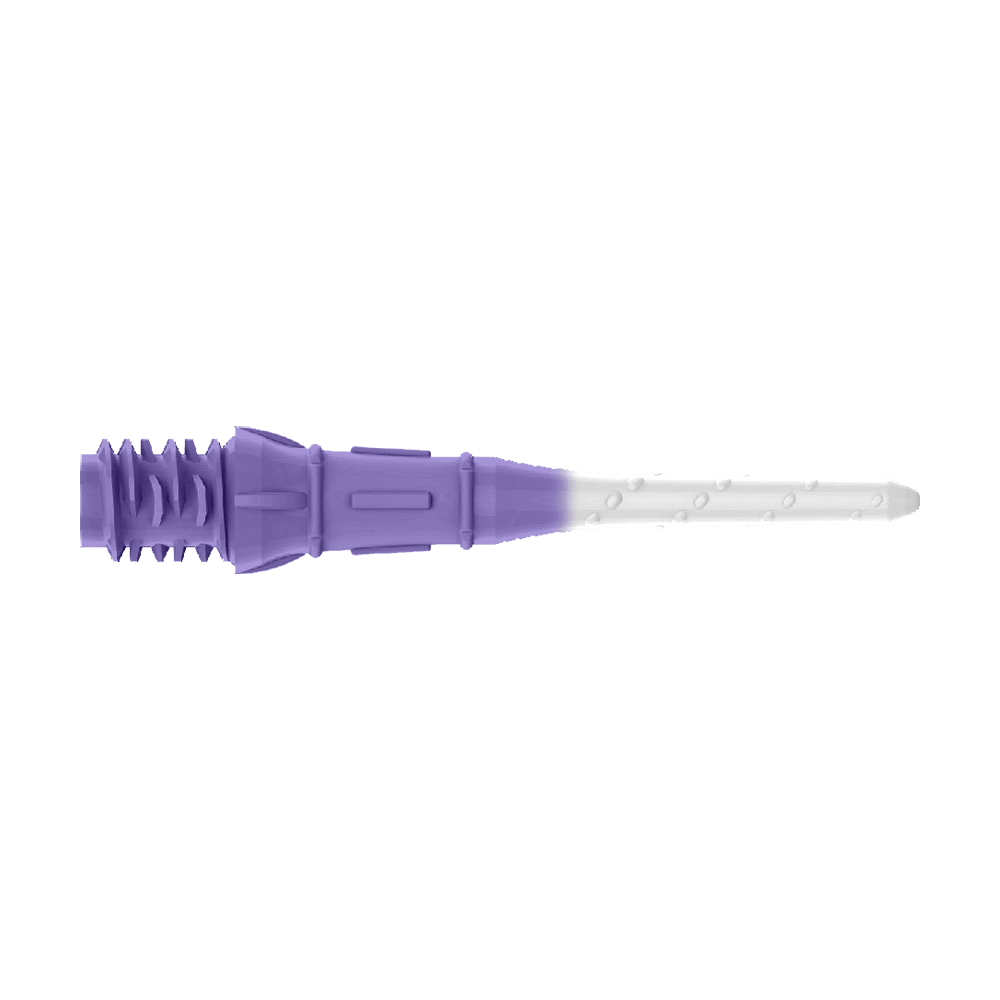 L-Style Premium Two Tone Lippoints (Pack of 30) Das Bild zeigt eine zweifarbige Dartspitze in Lila und Weiß. Der vordere Teil ist weiß, während der hintere Teil lila ist.