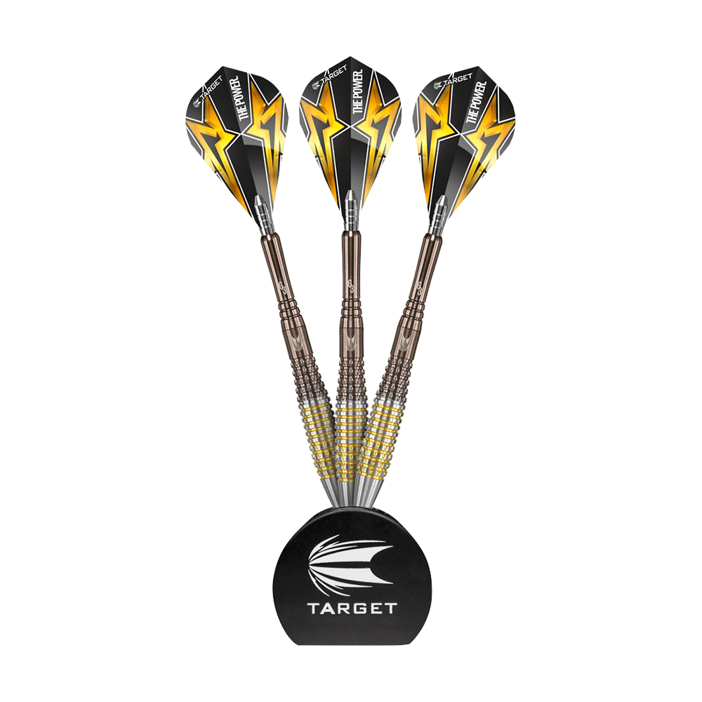 119091_Target_Acryl_Display_Stand_2 Das Bild zeigt den "Target Acryl Display Ständer" mit drei Dartpfeilen. Die Pfeile sind stilvoll aufrecht im Ständer angeordnet.