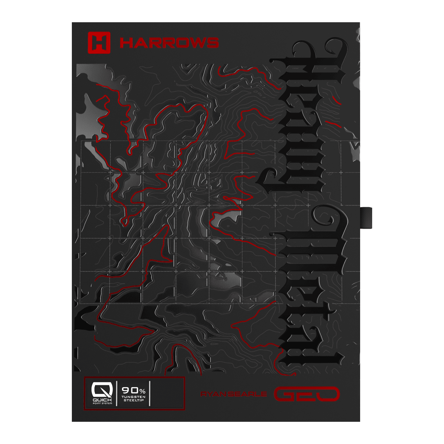 Harrows Ryan Searle Geo Quick Point Steeldarts Mehrere Steeldartpfeile mit identischem Design und festem Griffbereich sind abgebildet. Sie sind nebeneinander platziert.