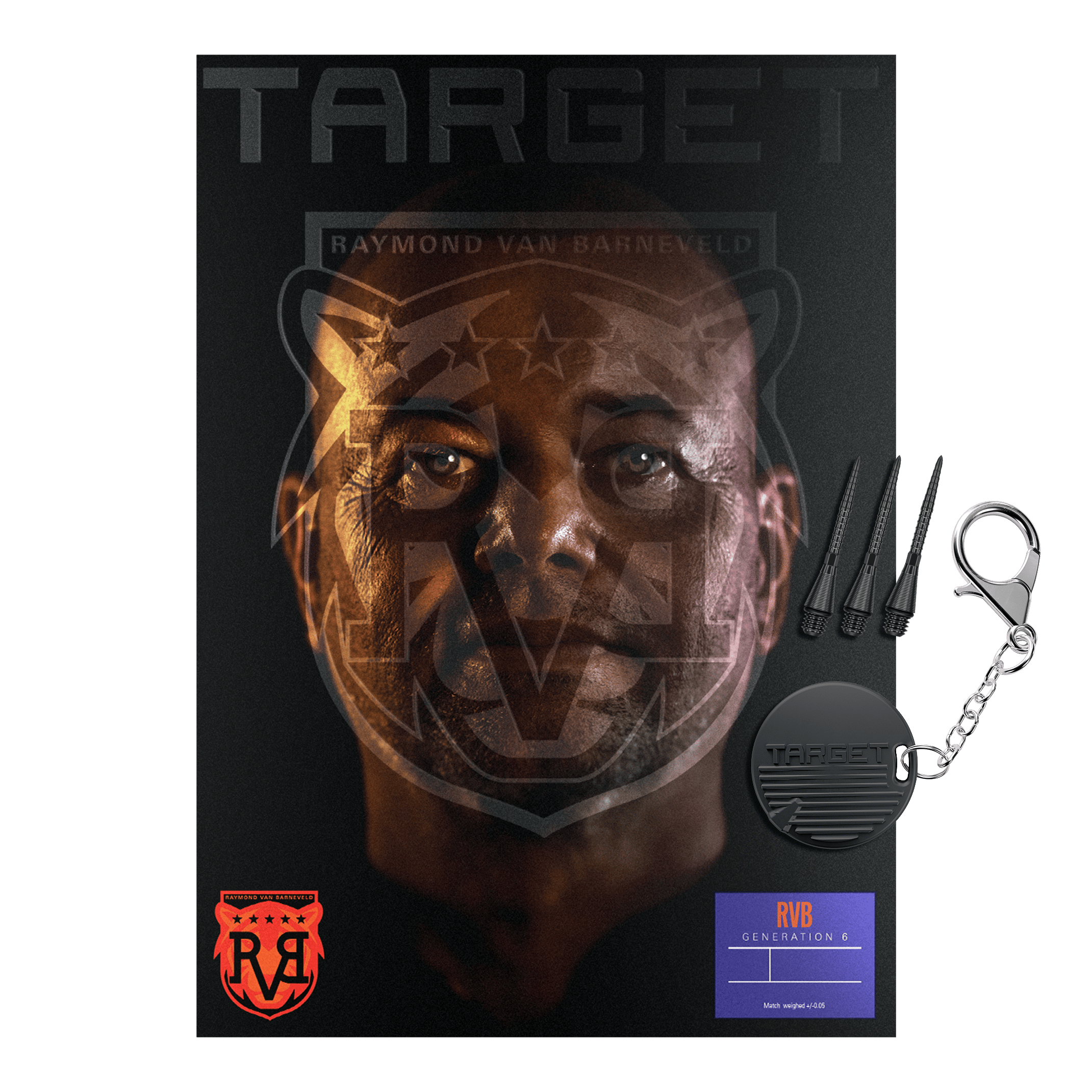 Target freccette morbide Raymond Van Barneveld GEN6 Zu sehen sind die Target Raymond Van Barneveld GEN6 Softdarts. Die Darts werden im Detail von der Seite dargestellt.