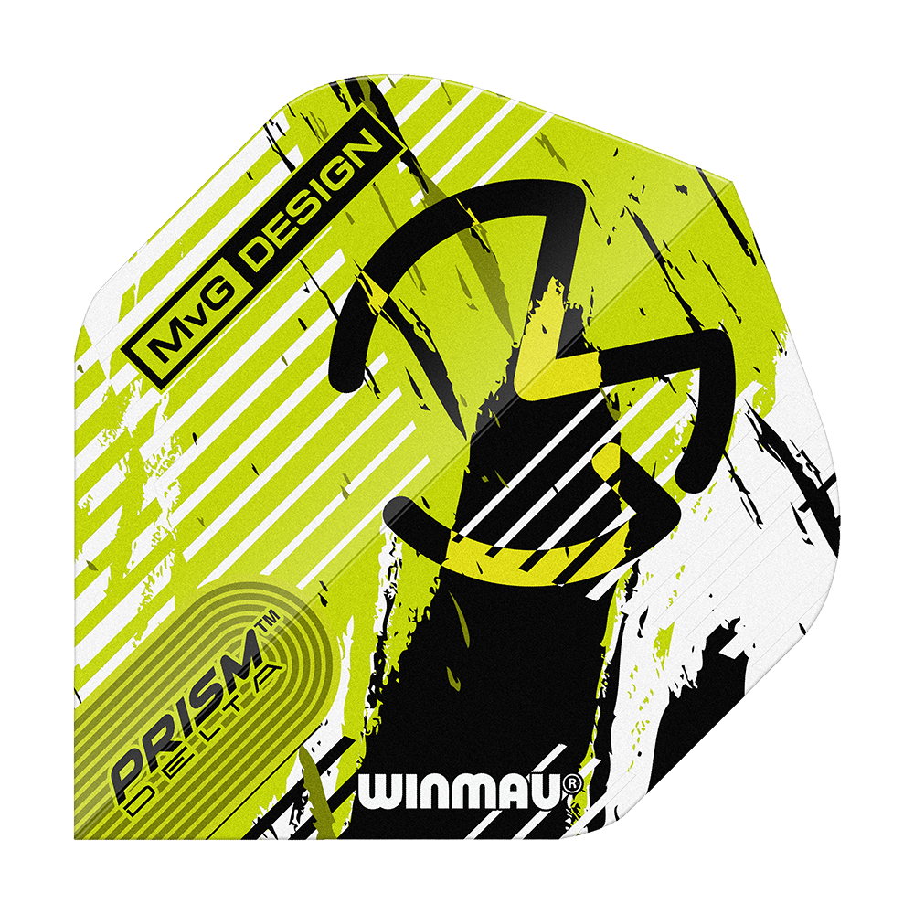 Winmau Delta Michael Van Gerwen Prism 03 Standardní lety Das Bild zeigt ein Winmau Delta Michael Van Gerwen Prism 03 Standard Flight. Das Design ist in Gelb, Schwarz und Weiß gehalten und trägt die Aufschrift „MvG Design“ sowie „Prism Delta“.