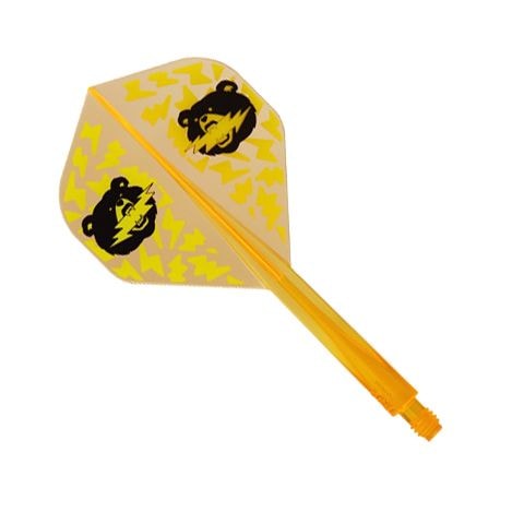 Condor Axe Black Bear Miyu Miyawaki Flight-Shaft Neon Orange - Standard Das Bild zeigt einen Dartpfeil-Flug mit einer orangenen Neon-Schafthülse. Auf dem gelben Flight sind zwei Bärenköpfe und gelbe Zickzackmuster abgebildet.