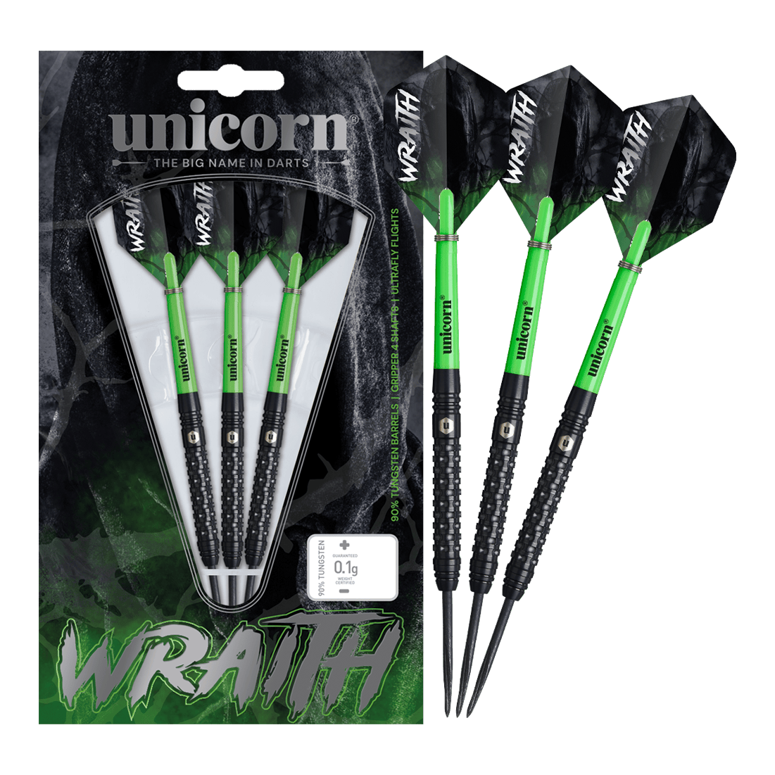 Das Bild zeigt drei Steeldarts der Marke Unicorn mit grünen Schäften und schwarzen Flights, auf denen "WRAITH" steht. Die Darts sind sowohl in der Verpackung als auch einzeln daneben abgebildet.