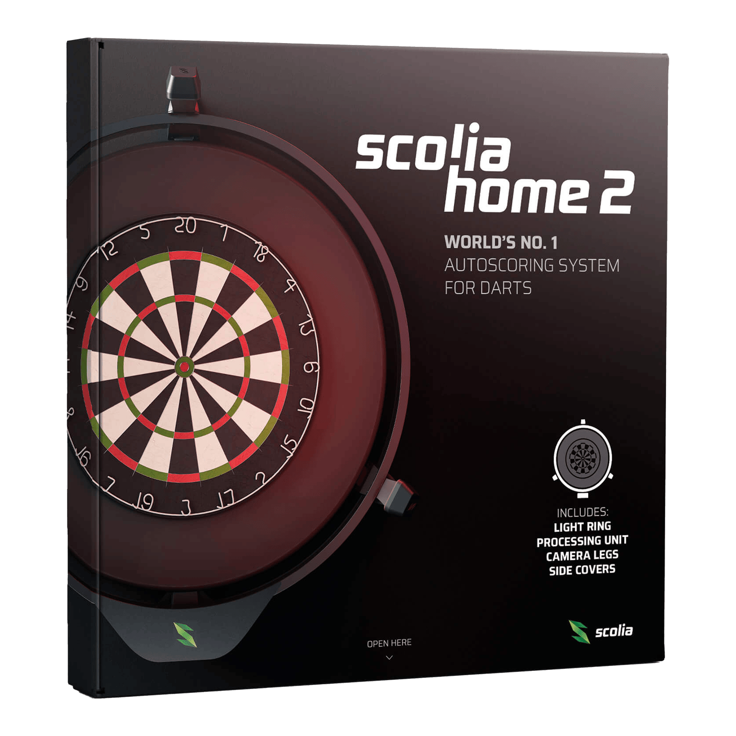 Elektroniczny system autopunktacji Scolia Home 2 z pierścieniem świetlnym 2026 Auf dem Bild ist die Verpackung des Produkts "Scolia Home 2 Electronic Score System mit Beleuchtungsring" zu sehen. Es handelt sich um ein automatisches Zählsystem für Dartspiele mit Licht, Kamerabeinen und Abdeckungen.