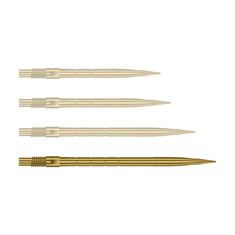 Hier sieht man eine einzelne Harrows Quick Point MicroRidge Dartspitze in Gold, 40mm. Sie liegt auf einem hellen Hintergrund.