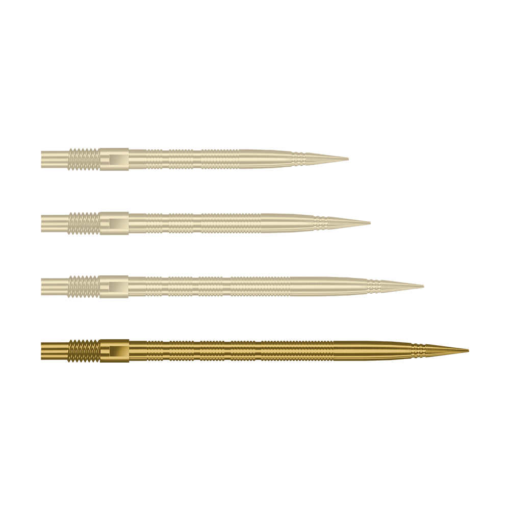Harrows Quick Point Micro Ridge Dartspitzen - Gold Hier sieht man eine einzelne Harrows Quick Point MicroRidge Dartspitze in Gold, 40mm. Sie liegt auf einem hellen Hintergrund.