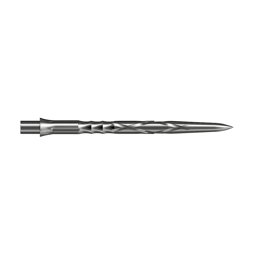 Caliburn System Steeldartspitzen - HAN G2 - Silber Auf dem Bild ist eine silberne Steeldartspitze mit eingedrehtem Muster zu sehen. Sie ist lang und schmal mit einer spitzen Spitze.