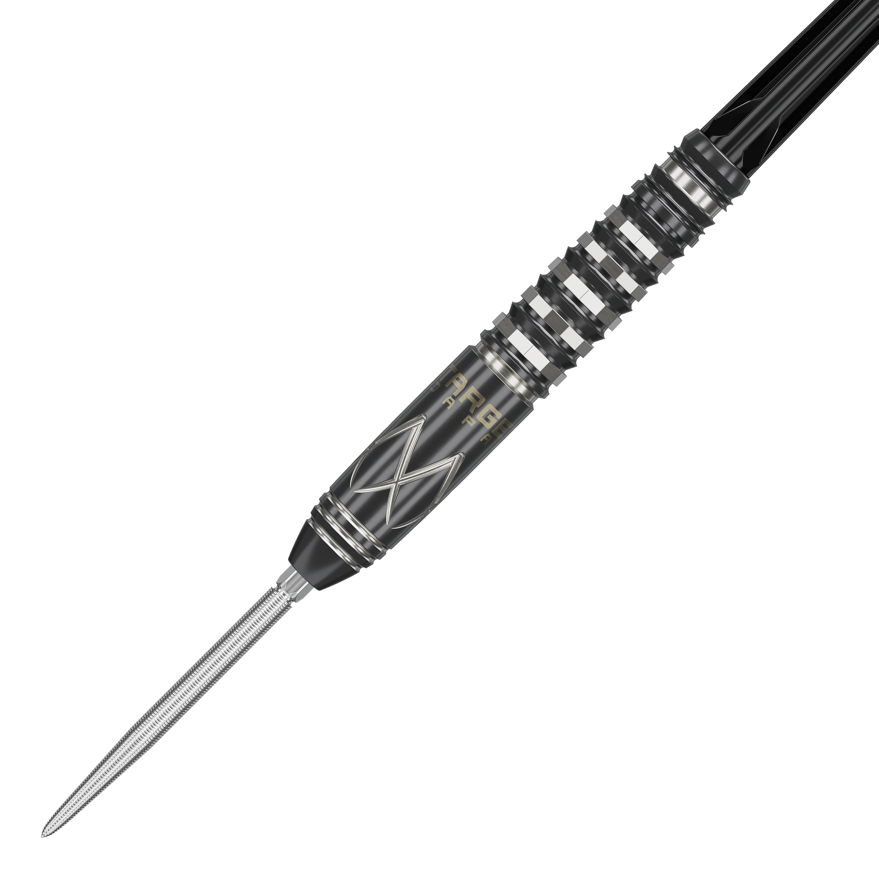 Target Japan Black Marque Chaos Swiss Point Steeldarts Das Bild zeigt den Target Japan Black Marque Chaos Swiss Point Steeldart. Der Dart ist schwarz-silber und hat ein modernes, geriffeltes Design.
